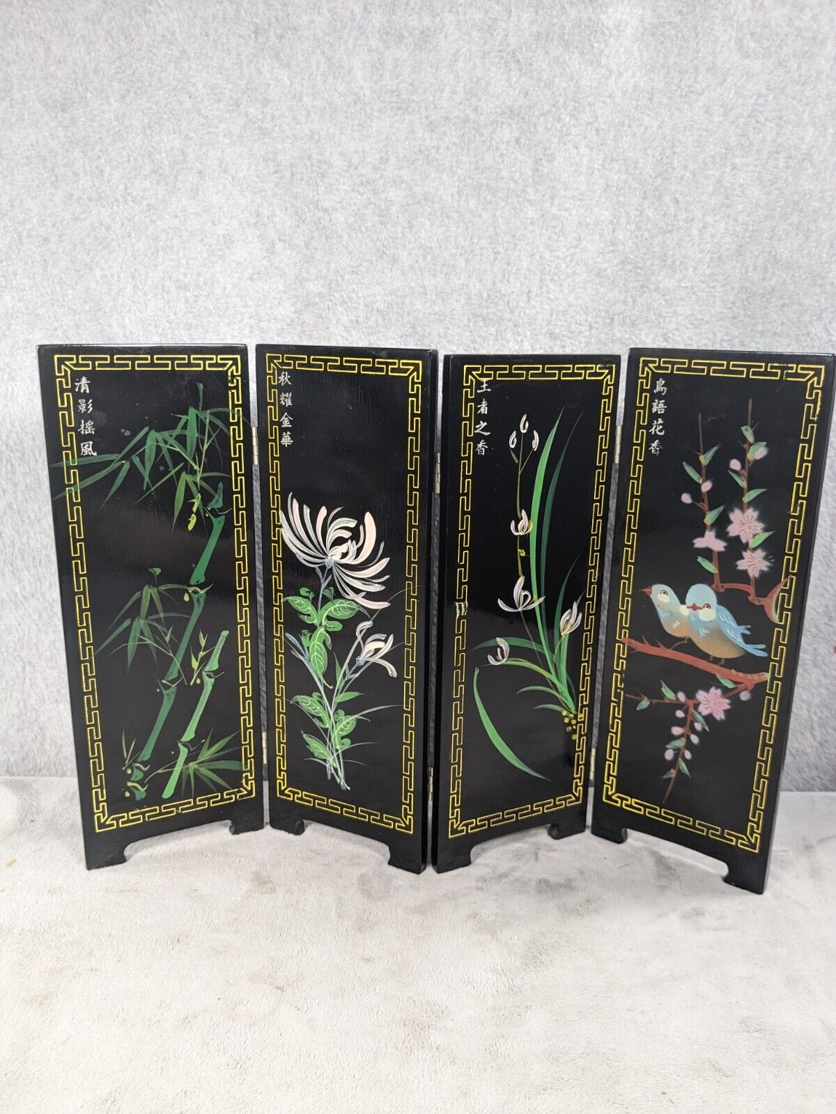 Vintage Asian Style Ebonized Chinoiserie Four-Panel Mini Screen Floral & Birds