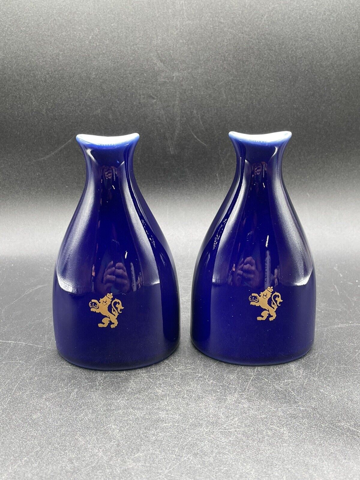 2 Vintage Porsgrund Norway Cobalt Blue Gold Lion Peanut Shaker Bud Vase 1992