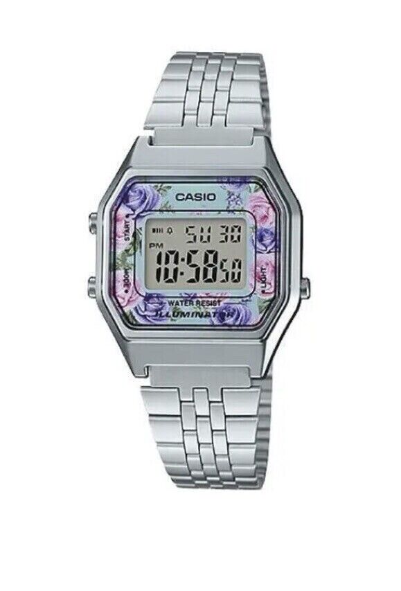 Casio LA680WA-2C Ladies Silver FLORAL Digital Watch Steel Band Retro Vintage