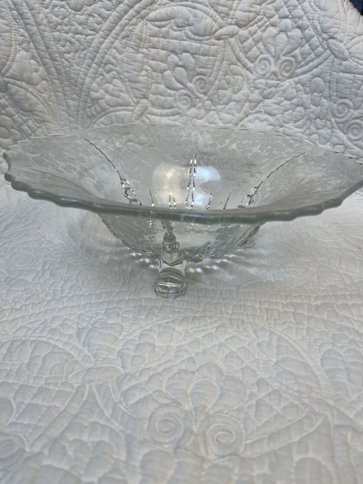 New Martinsville Flower Basket-Clear 11 Inch 3 Toed Footed Etched Crimped Bowl