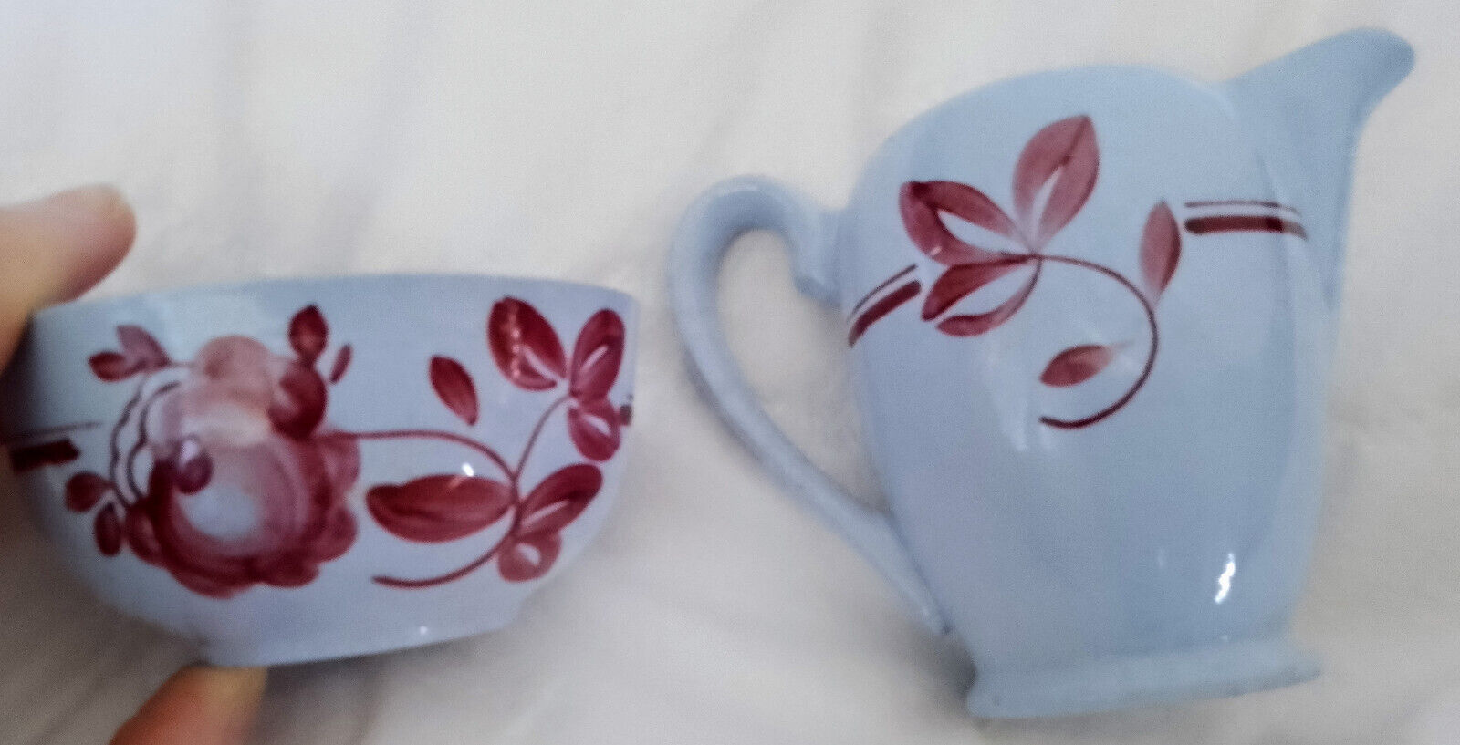 Portieux Vallerysthal Blue/Red Creamer and Sugar Bowl France