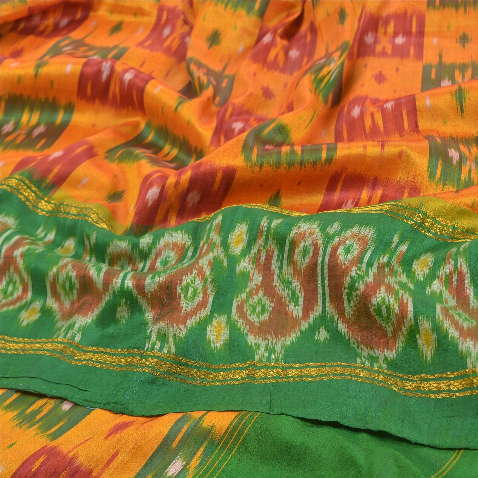 Sanskriti Vintage Pure Silk Patan Patola Sarees Handwoven Ikat Sari Craft Fabric