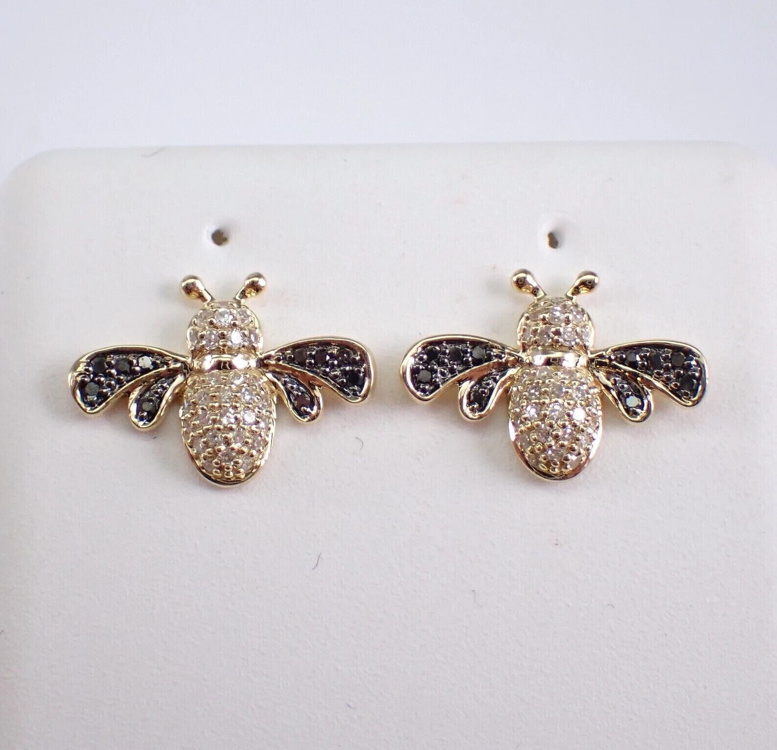 0.50 Ct Round Real Moissanite Onyx Honey Bee Stud Earrings 14K Yellow Gold Over