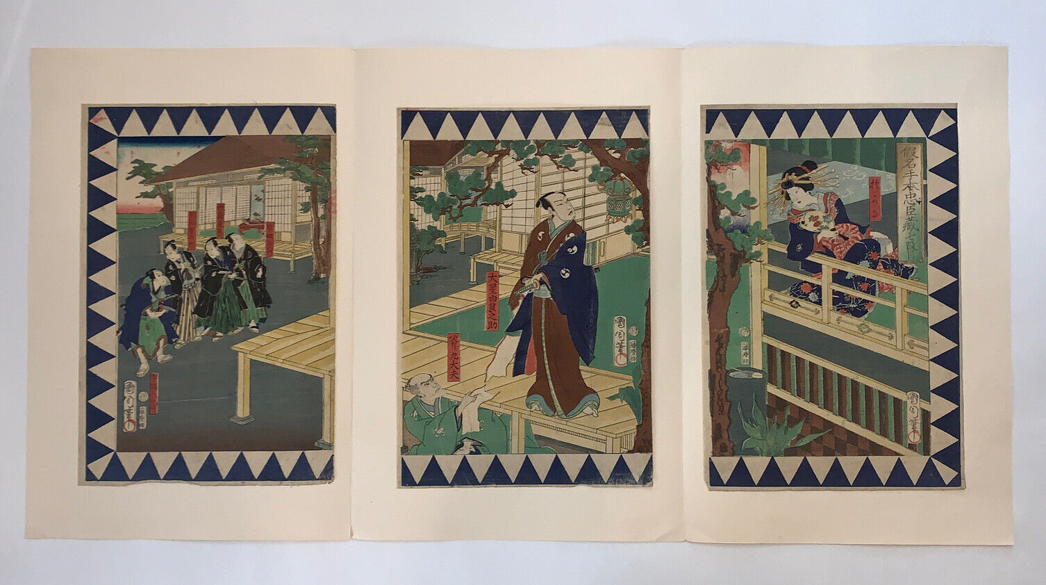 Rare Antique 1866 Set of 3 Japanese Woodblock Prints By Toyohara Kunichika Japan