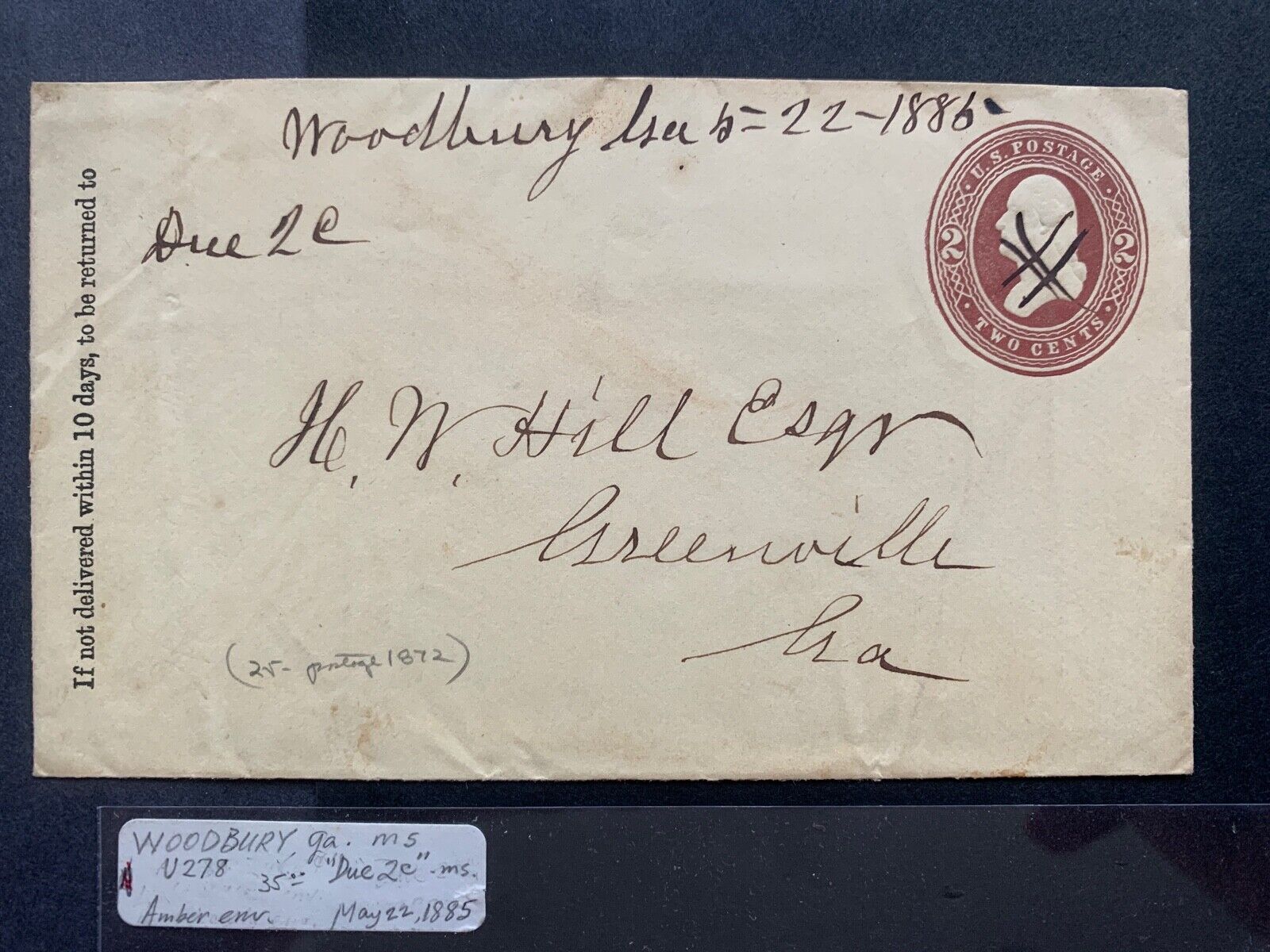 1885 WOODBURY GEORGIA  MANUSCRIPT 2c DUE  MERIWETHER COUNTY  GREENVILLE HILL