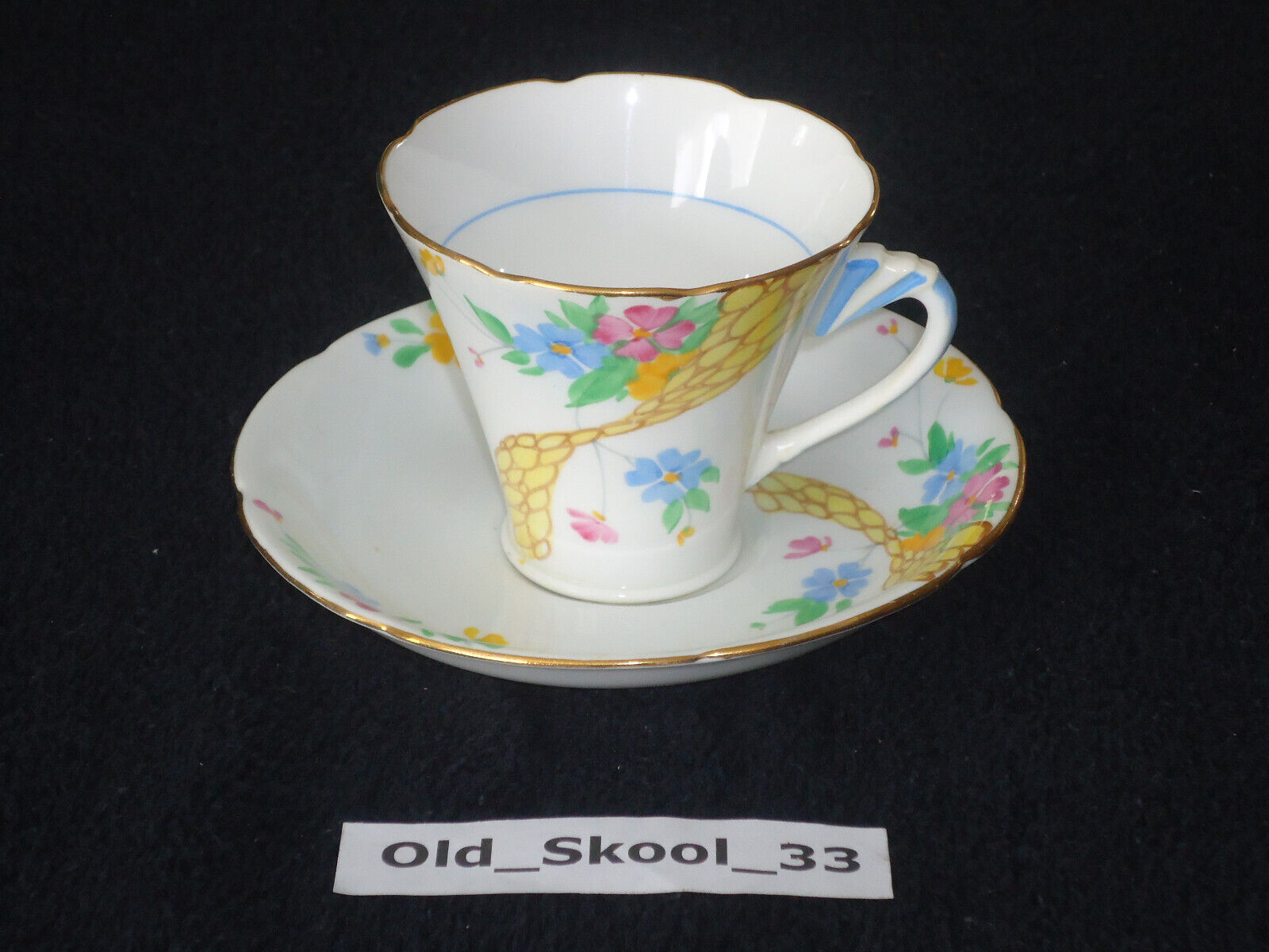 Vintage A.B.J. Grafton Teacup & Saucer Flowers Gold Edging Bone China England