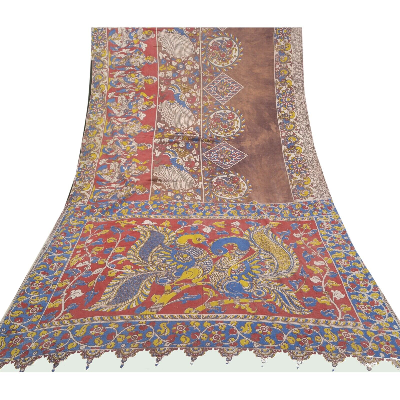 Sanskriti Vintage Indian Sarees Pure Cotton Kalamkari Special Sari Craft Fabric