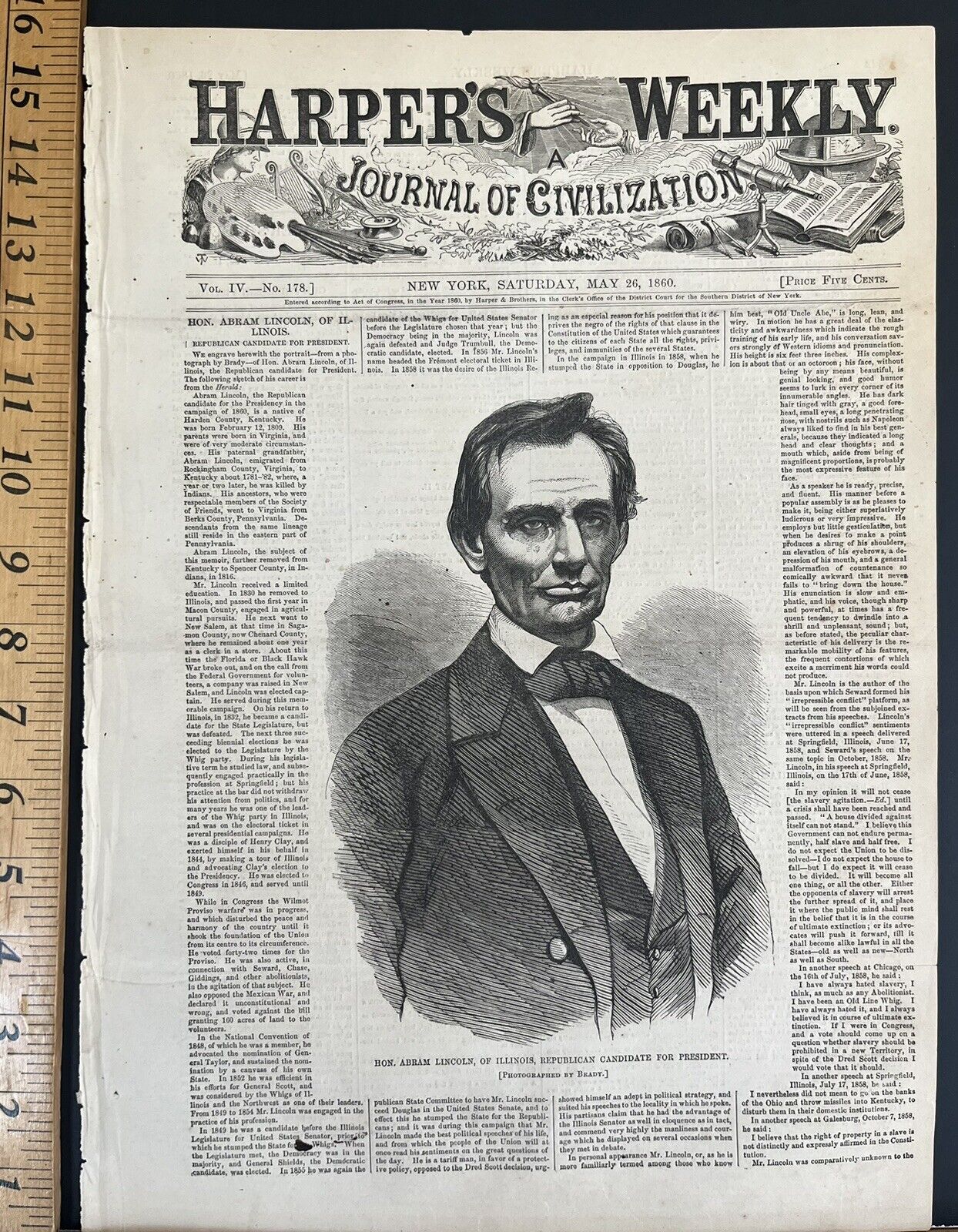 MAY 26 1860 HARPER’S WEEKLY WINSLOW HOMER ENGRAVING OF BRADY ABRAM LINCOLN PHOTO