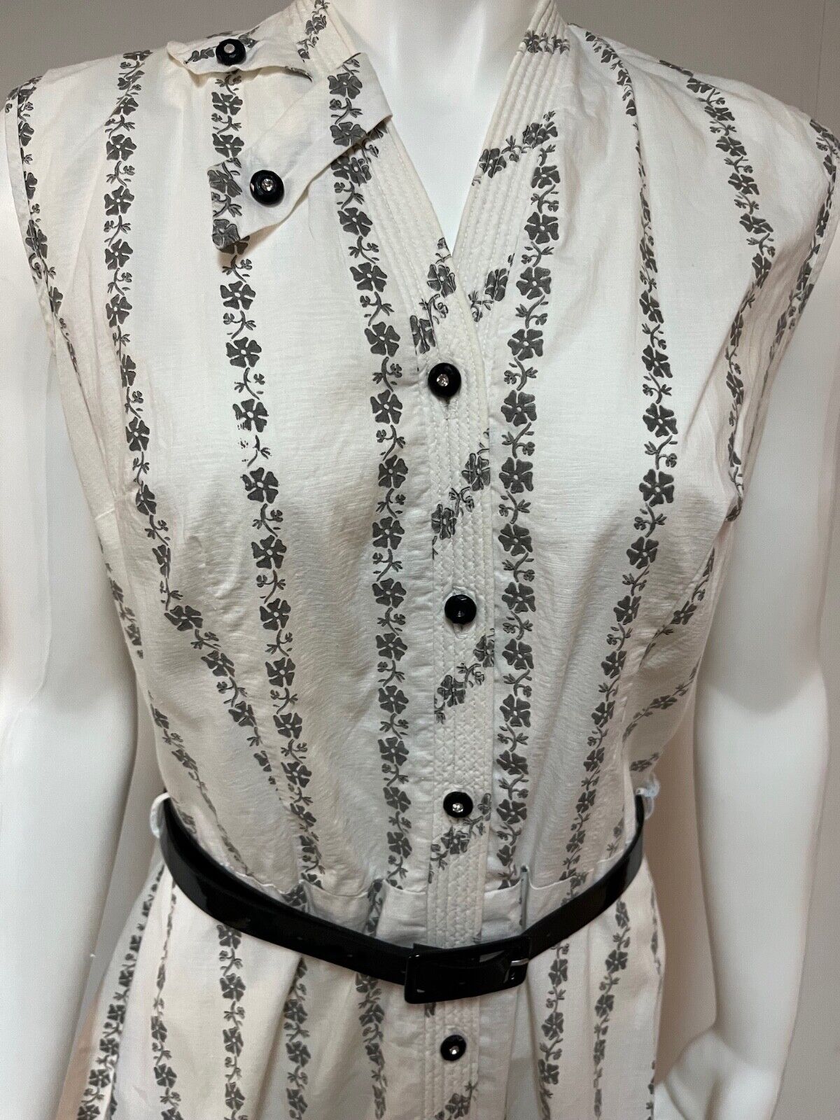 Vintage 1950s Alamo Black White Sleeveless Cotton Casual Dress Tab Accents B 36