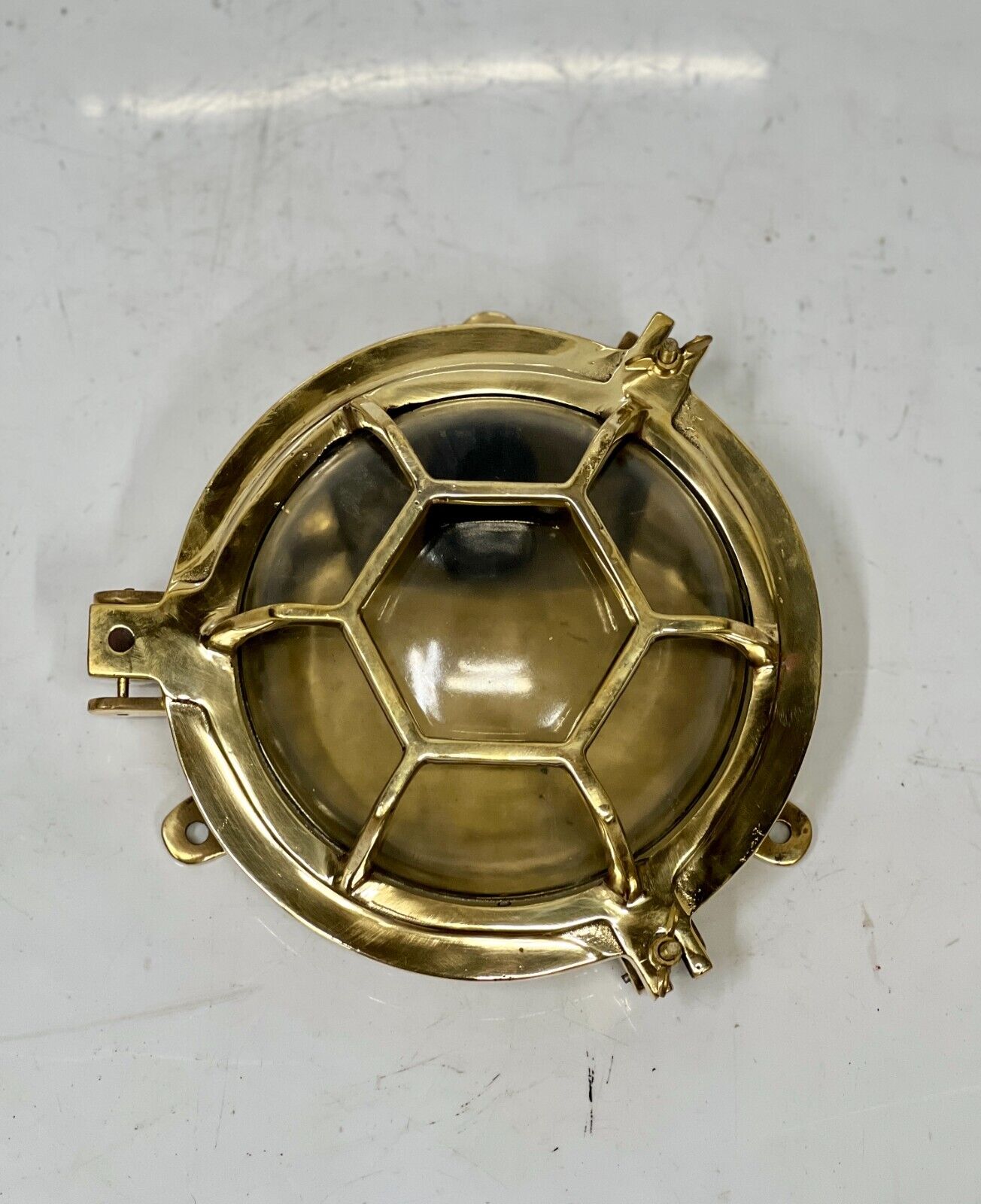Antique Turtle Style Hexagon Cage Solid Cast Brass Bulkhead Deck Wall Light