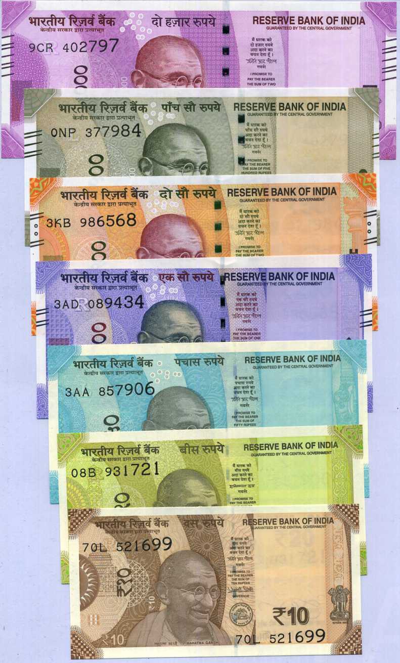 India Set 7 Pcs 10 20 50 100 200 500 2000 Rupees Random Year P 109 - 116 UNC