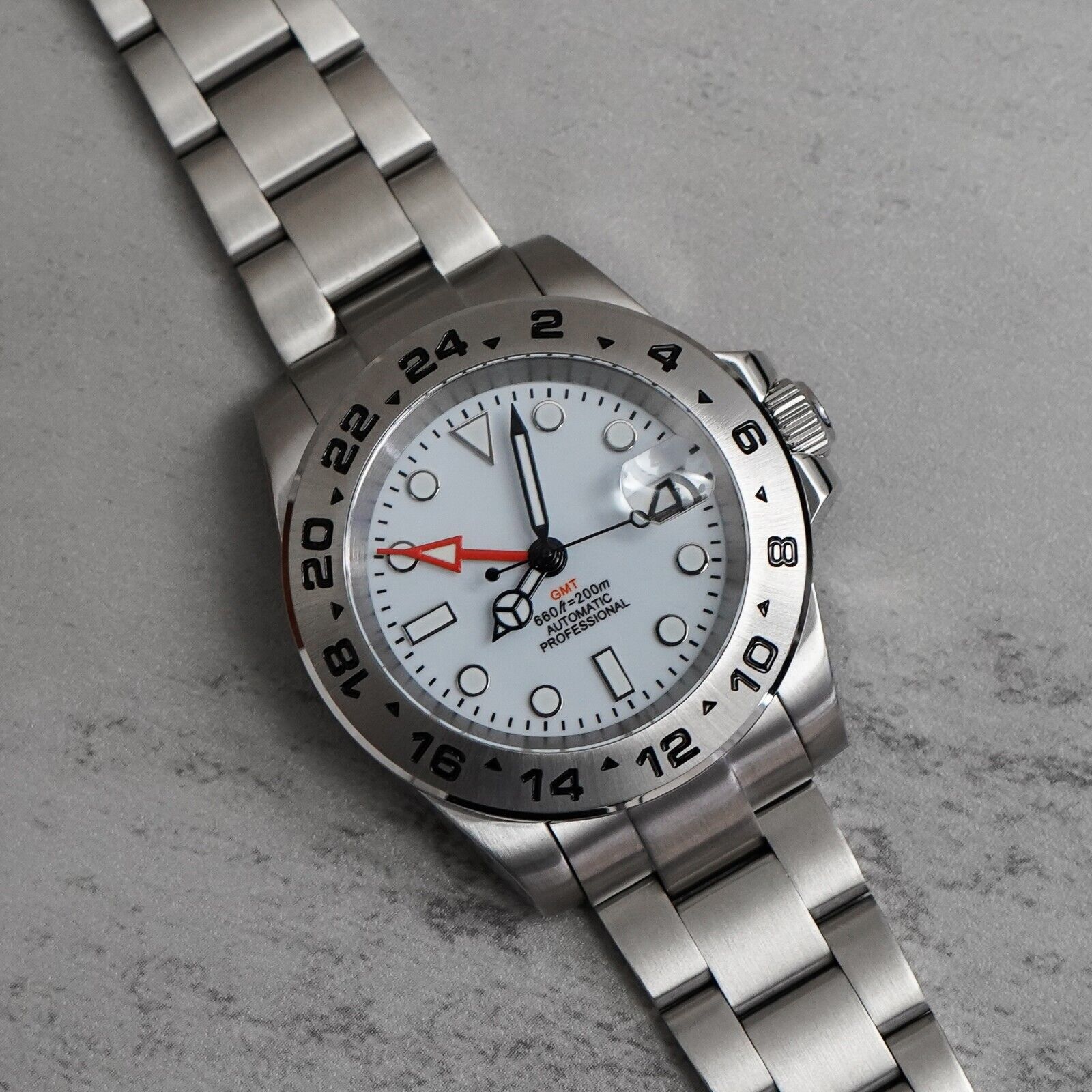 40mm White Custom Explorer 2 GMT Mod Watch NO LOGO w/ NH34 Automatic Mvmt