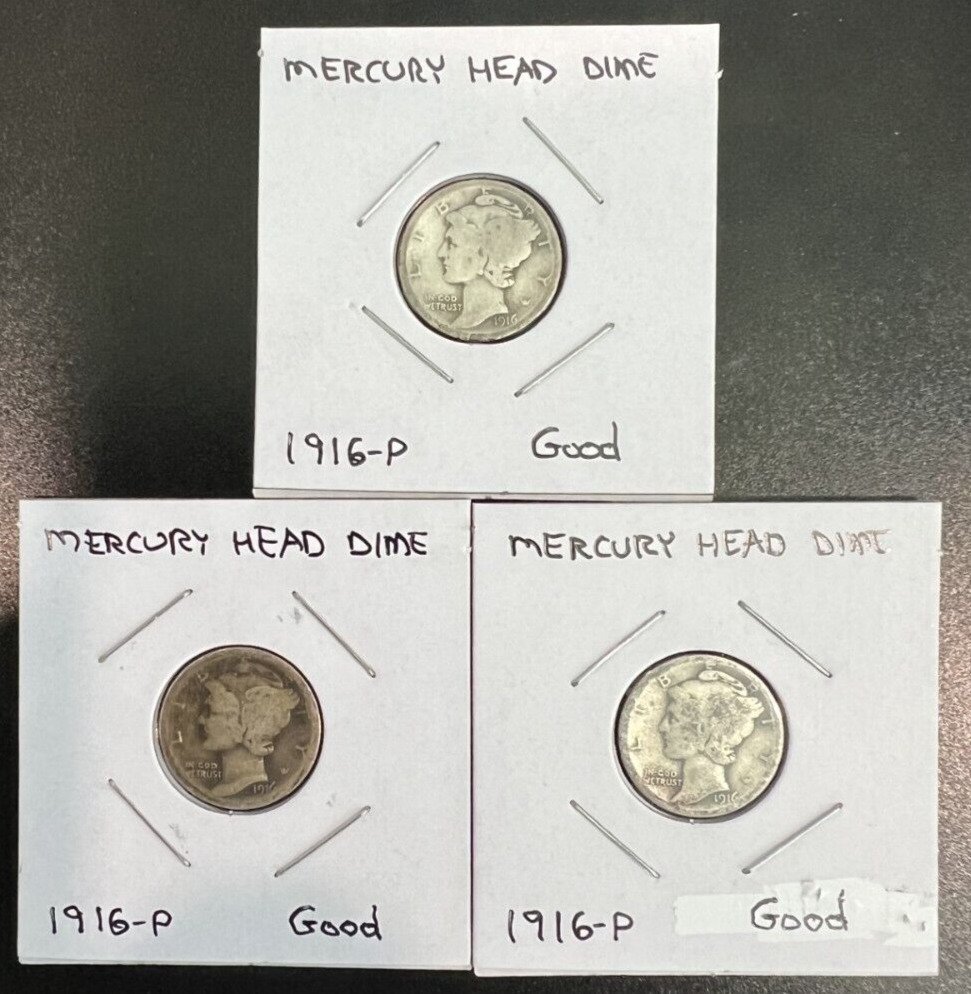 1916-P | Mercury Dime | 10c | 1st Year Issue | 3-Coin Lot | Buy 1 or all 3