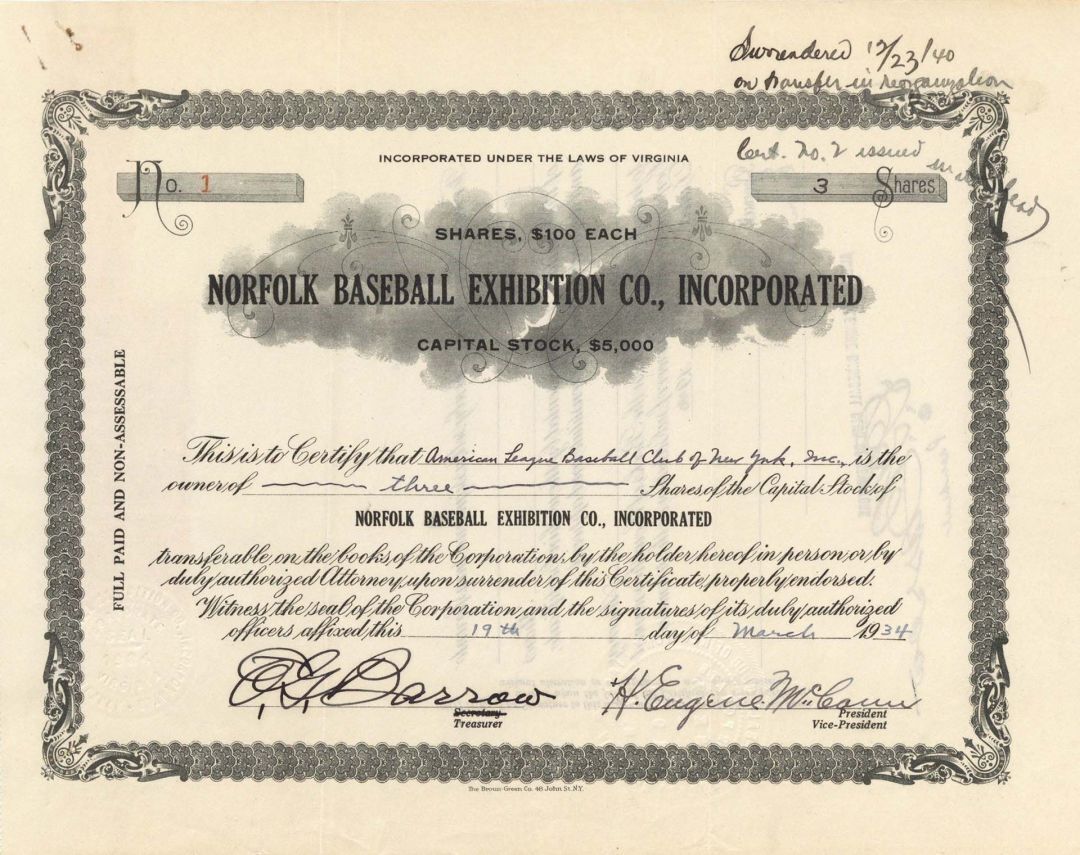 Norfolk Baseball Exhibition Co. Inc. signed by E.G. Barrow - Autographed Stock -