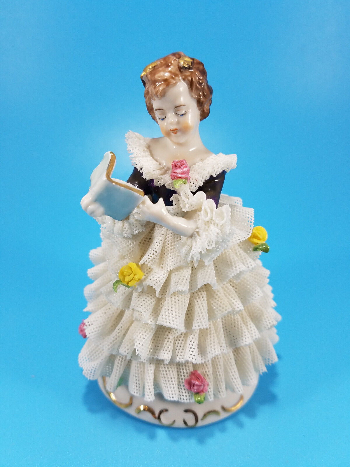 German Muller Volkstedt Dresden Lace Porcelain Girl with a book Figurine