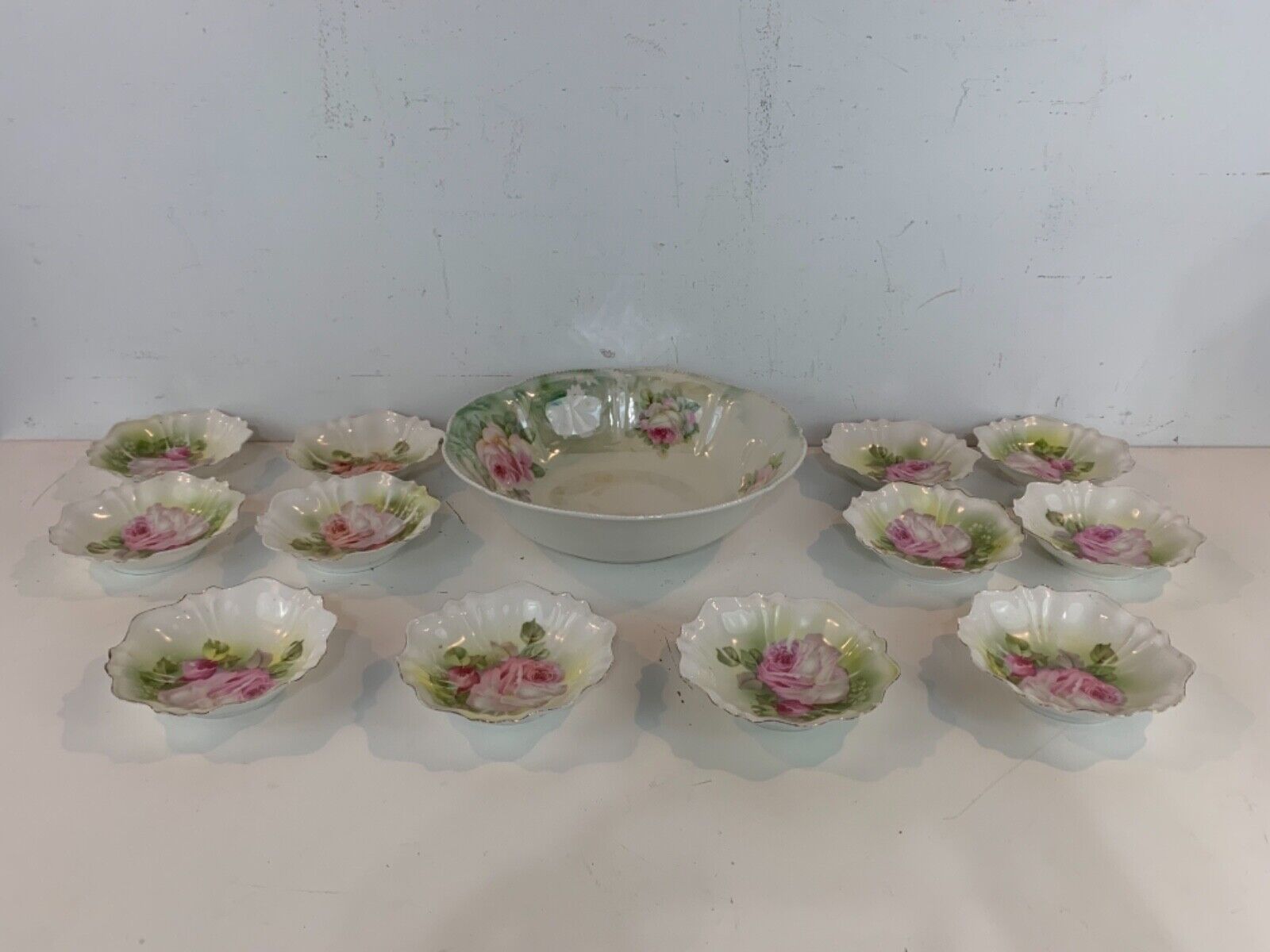 Antique Reinhold Schlegelmich German Porcelain Berry Set w/ Pink Rose Floral Dec