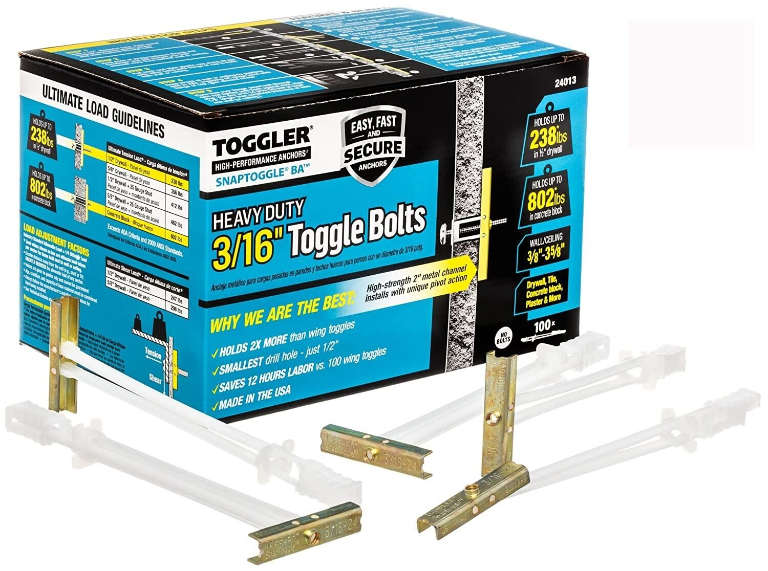 TOGGLER 24013 Snaptoggle 3/16 inch BA Hollow Wall Anchors - 100 Pack
