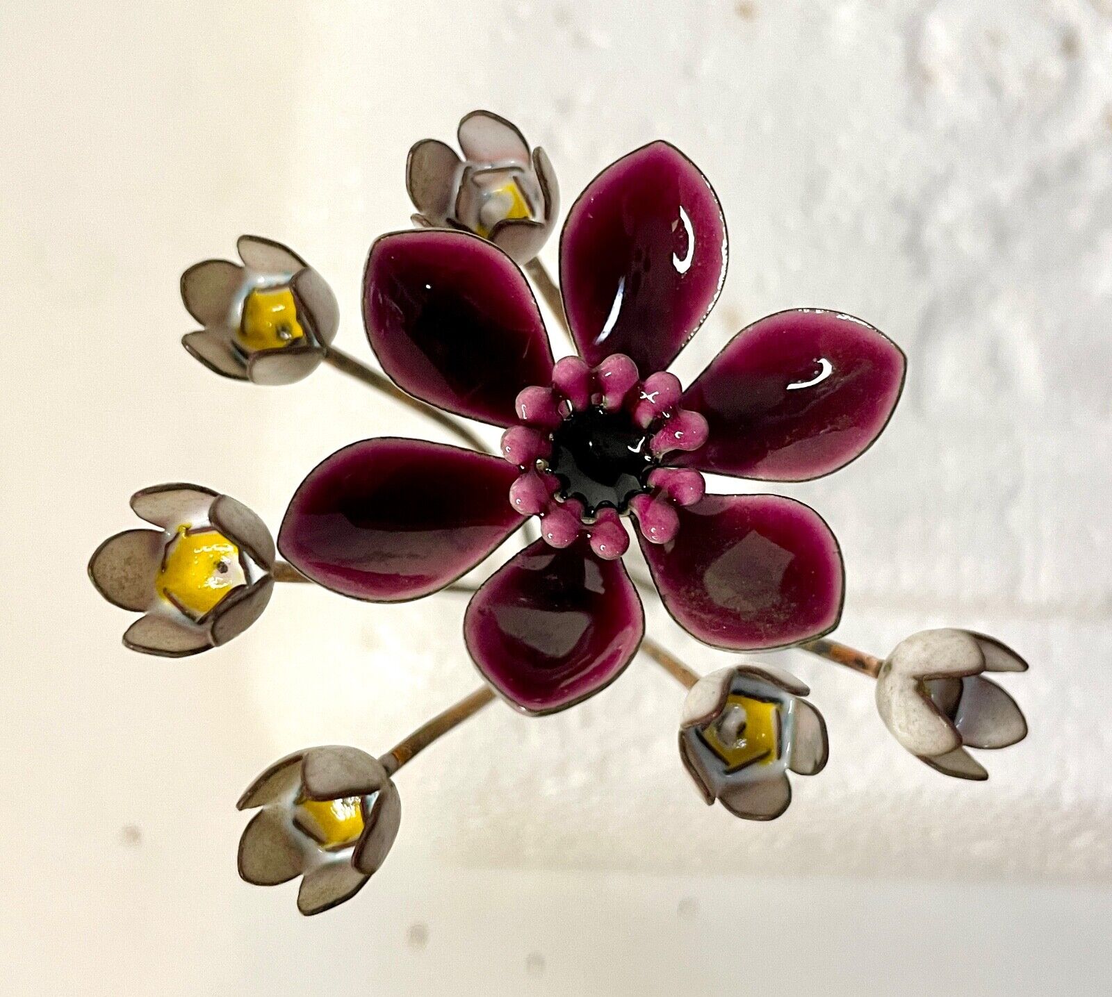 7 Vintage Bovano Of Cheshire Enamel & Copper Metal Flowers 4” Stemmed Blossoms