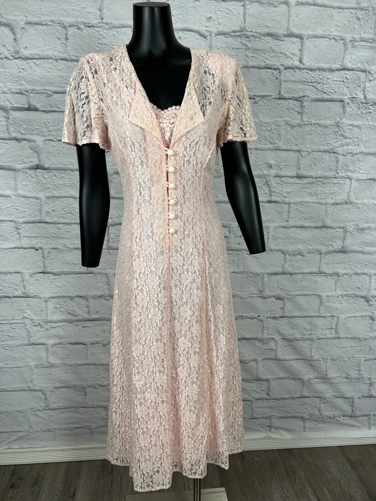 Vintage 90s Dawn Joy Pink Lace Popover Cottagecore Dress Tie Back Waist Sz 11/12
