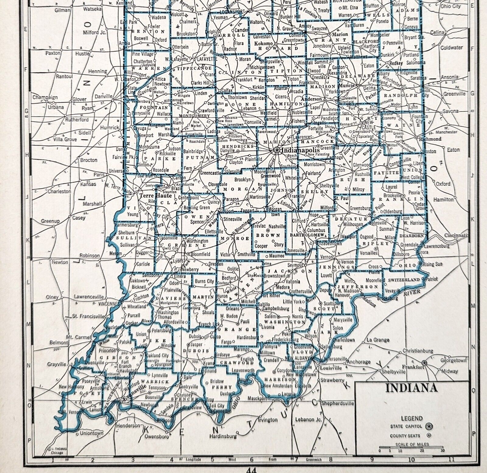 VINTAGE 1934 Map INDIANA County Township Railroads Indianapolis South Bend