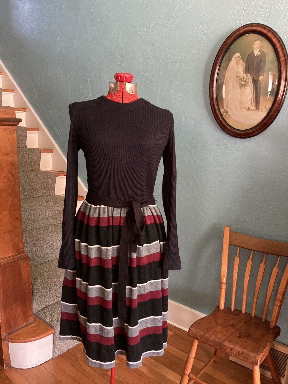 Vintage 60s R&K Originals Black Striped Knit Sweater Dress S