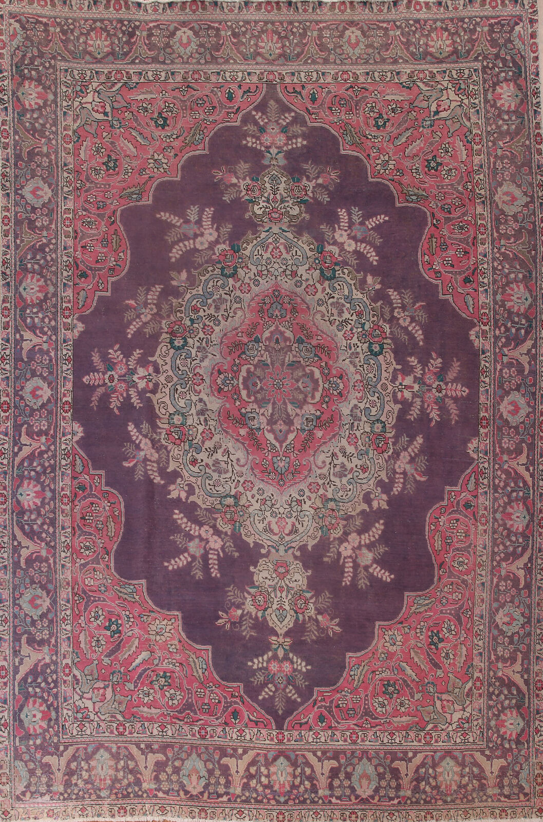 Vintage Traditional Purple Wool Tebriz Area Rug 9x12 Handmade Living Room Carpet