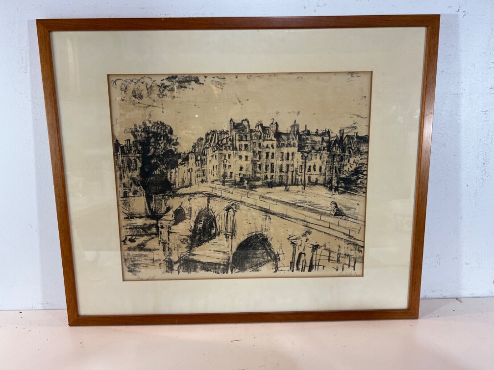 Antique European Street Scene Framed Lithograph Signed by Artist