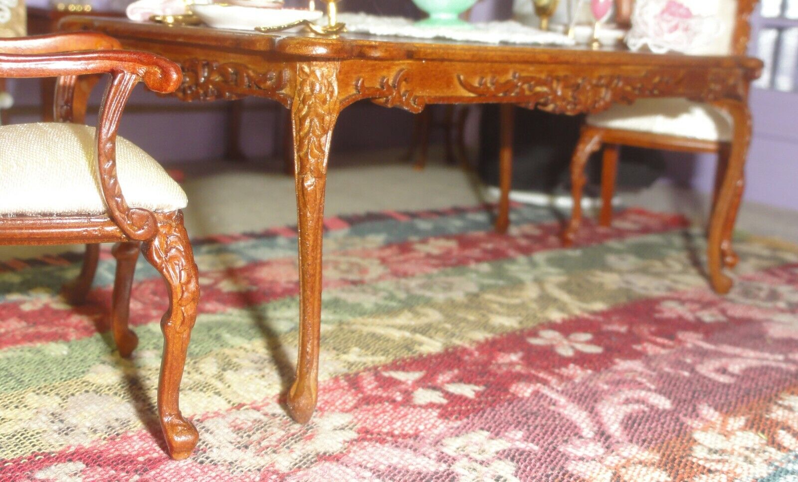 GARFIELD DINING TABLE 2 CHAIRS PLATINUM CABRIOLE LEGS WALNUT dollhouse miniature