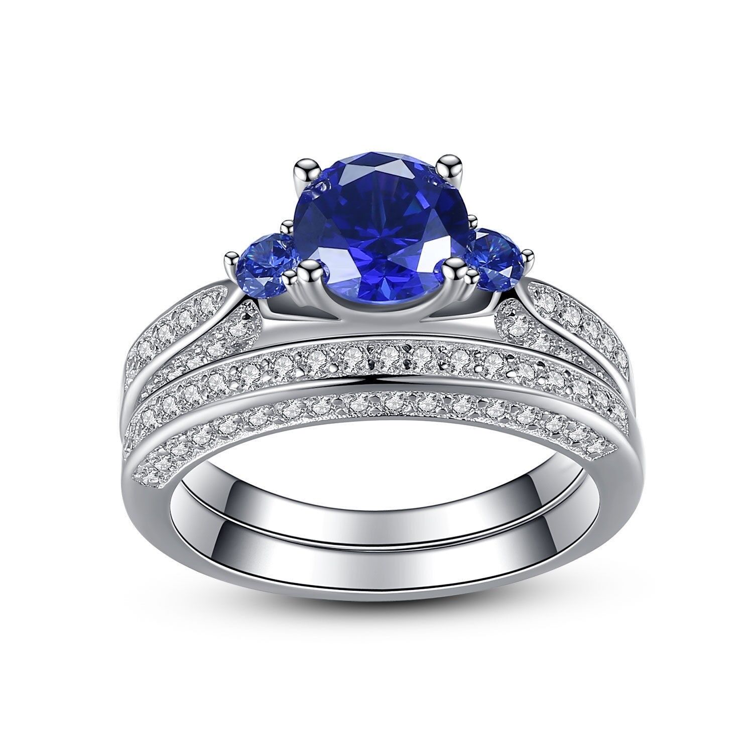Womens Blue Sapphire Vintage Sterling Silver Bridal Wedding Engagement Ring Set
