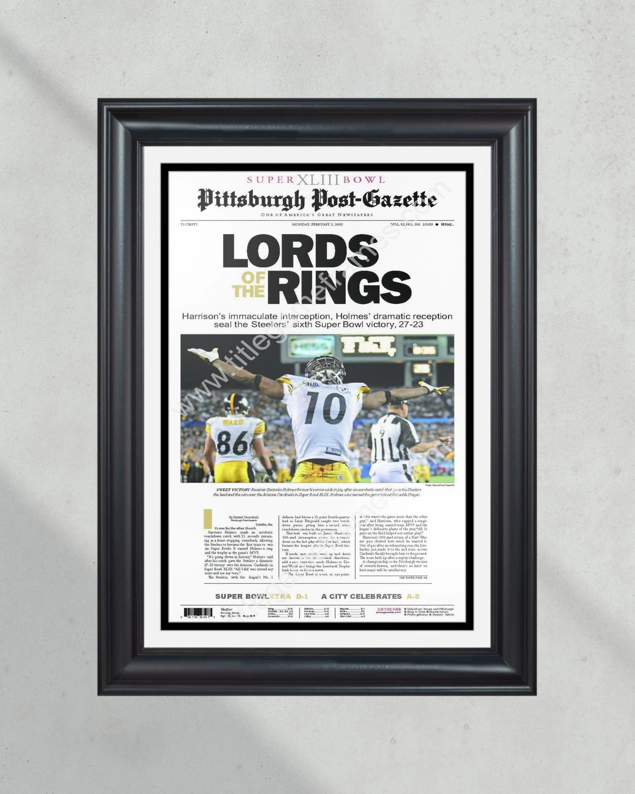 2009 Pittsburgh Steelers Superbowl XLIII Framed Front Page Newspaper Front Page