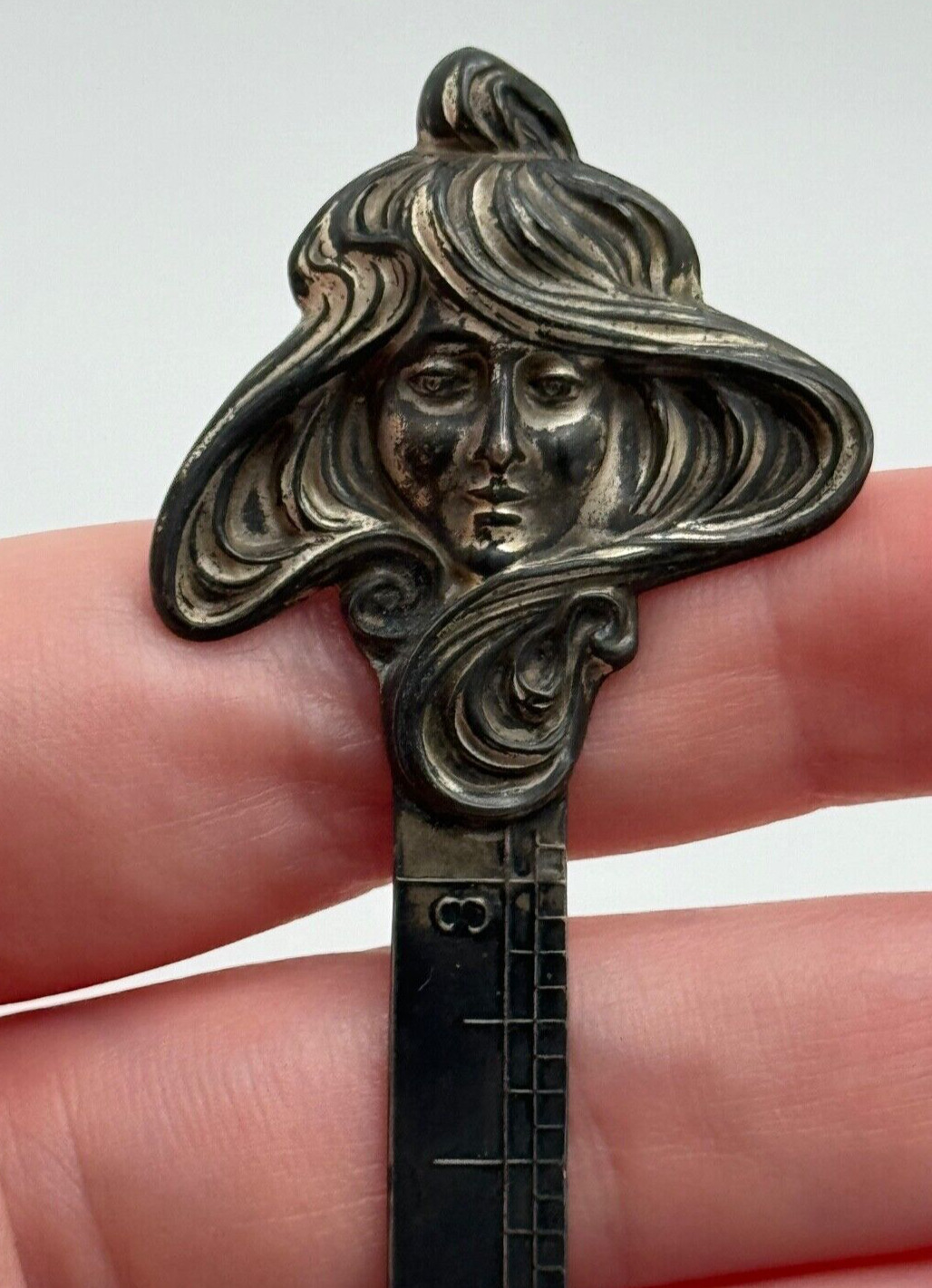 Antique Unger Bros Art Nouveau Woman Sterling Silver Sewing Hem Gauge Ruler