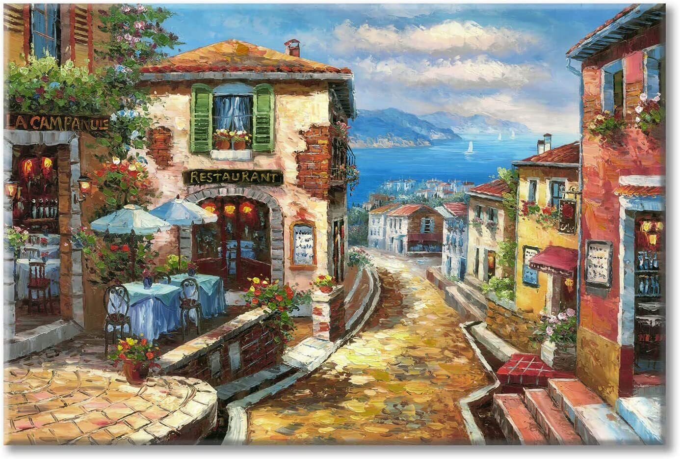Oil Painting On Canvas Italian Town Mediterrane 45 x 30 Large Modern Multicolor