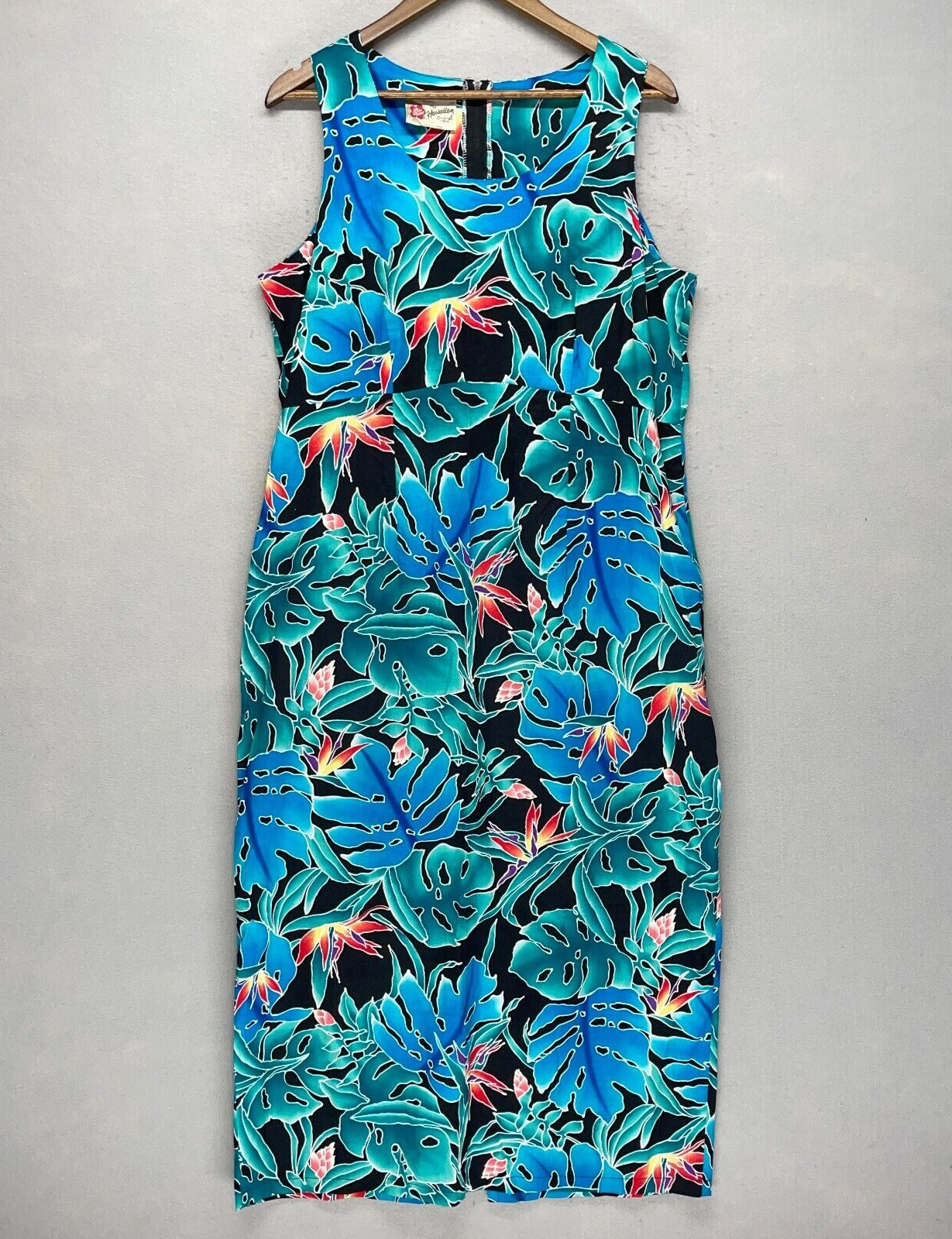 Vtg Hilo Hattie Womens Floral Tropical Hawaiian Midi Maxi Blue Paradise Dress 20