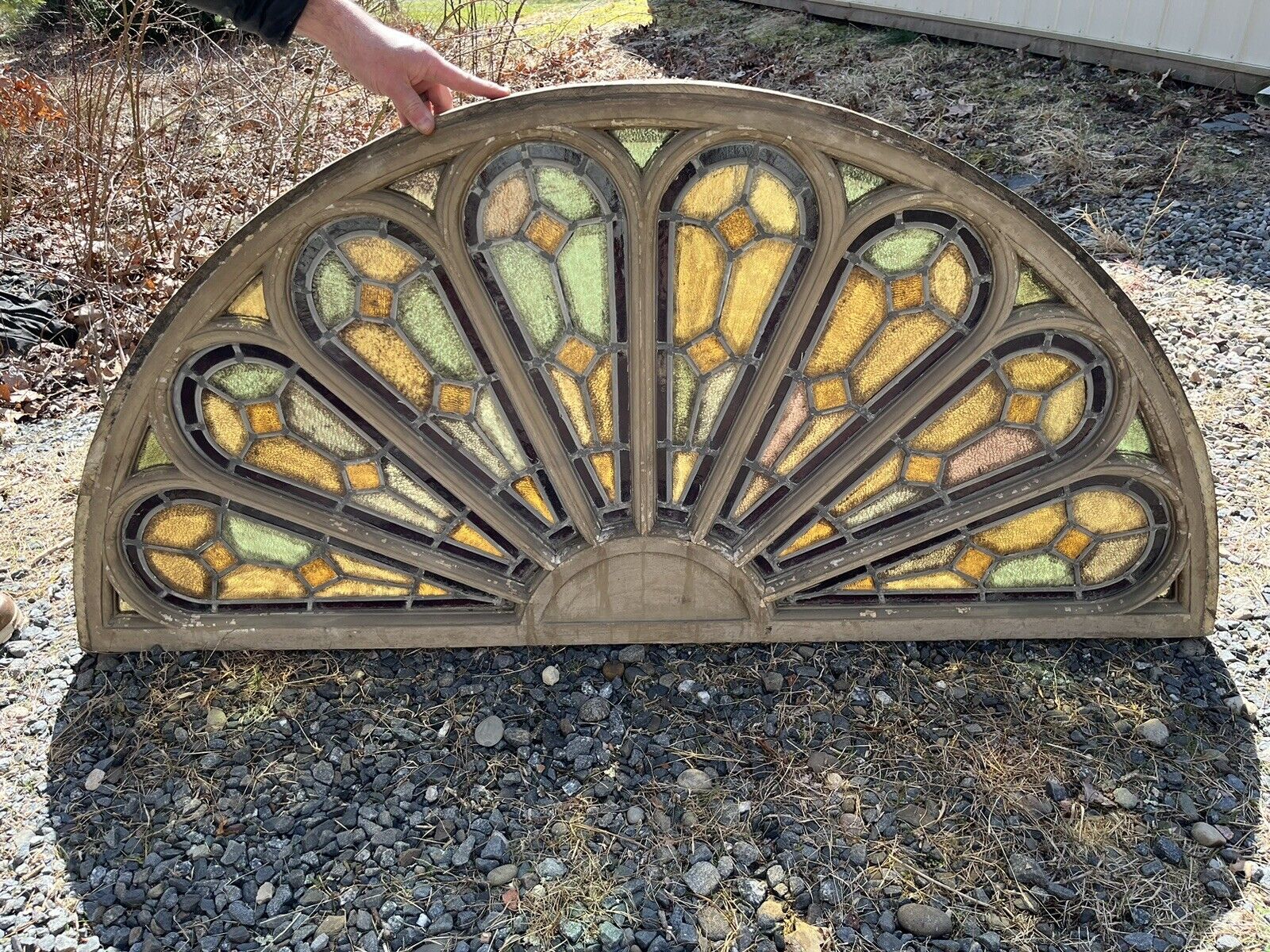 AMAZING ANTIQUE KILN-FIRED STAINED GLASS GOTHIC ARCH FOR REPURPOSE