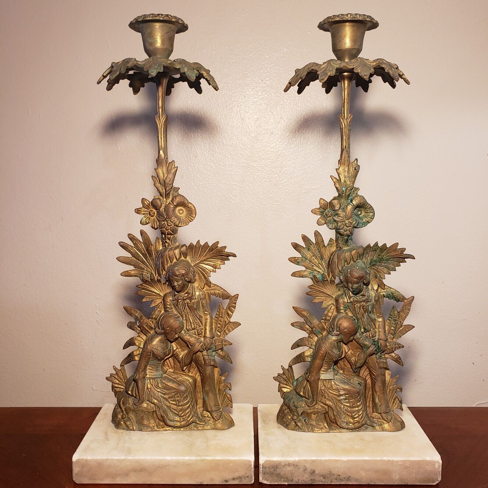Antique Victorian Girandole Solid Copper & Marble Candle Holder Young Lovers Set
