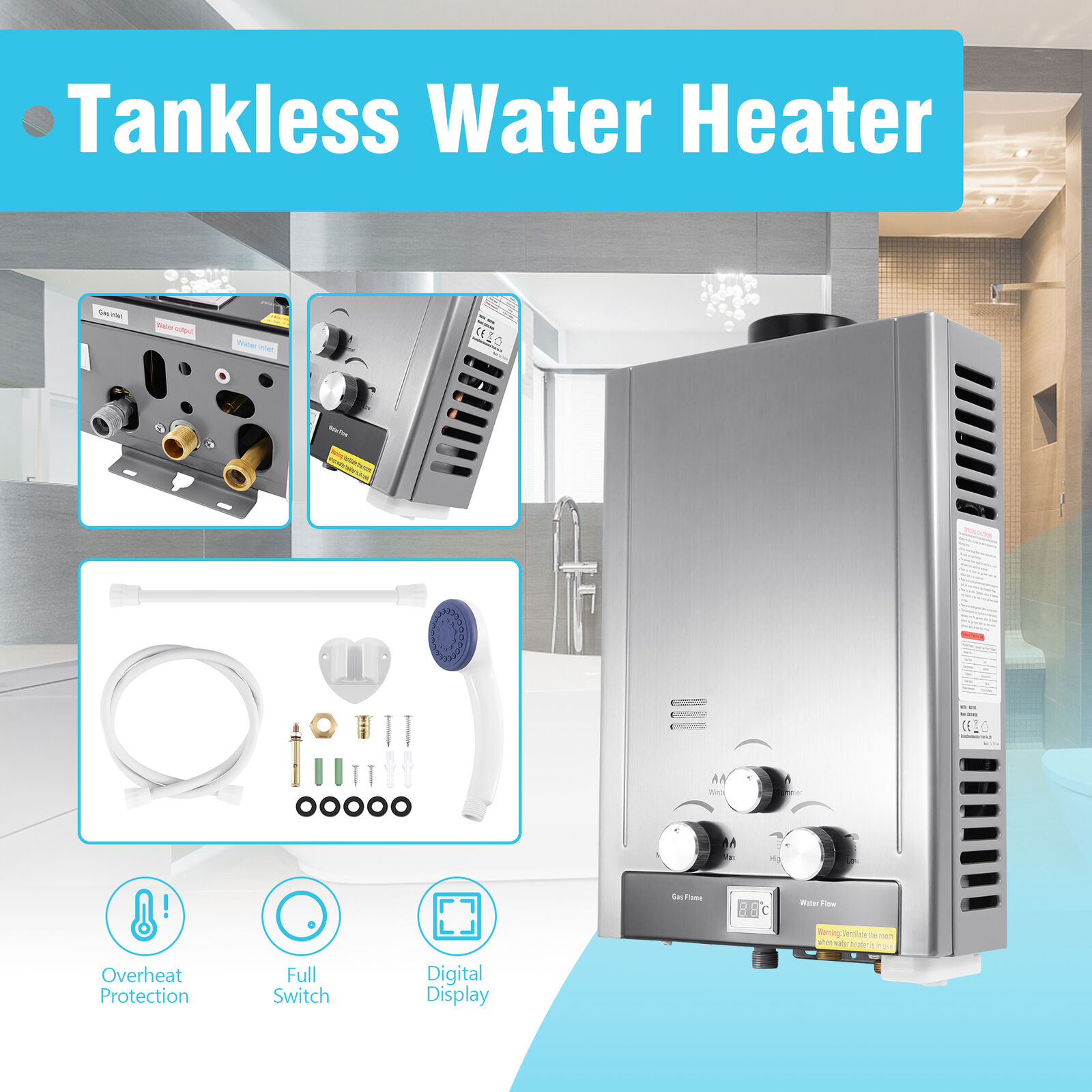 8L 2GPM Tankless LPG Liquid Propane Gas Hot Water Heater Shower Water Boiler