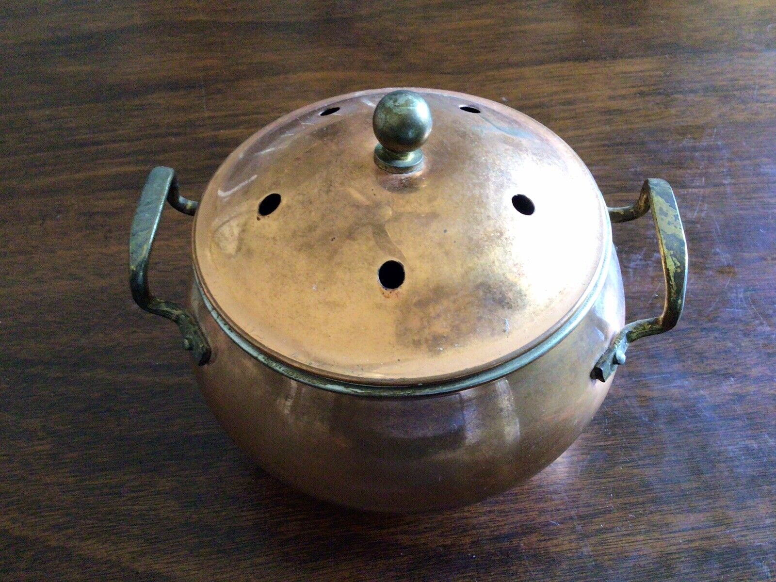 Vintage Brass/Copper Potpourri Simmering Pot with Brass Handles And Lid