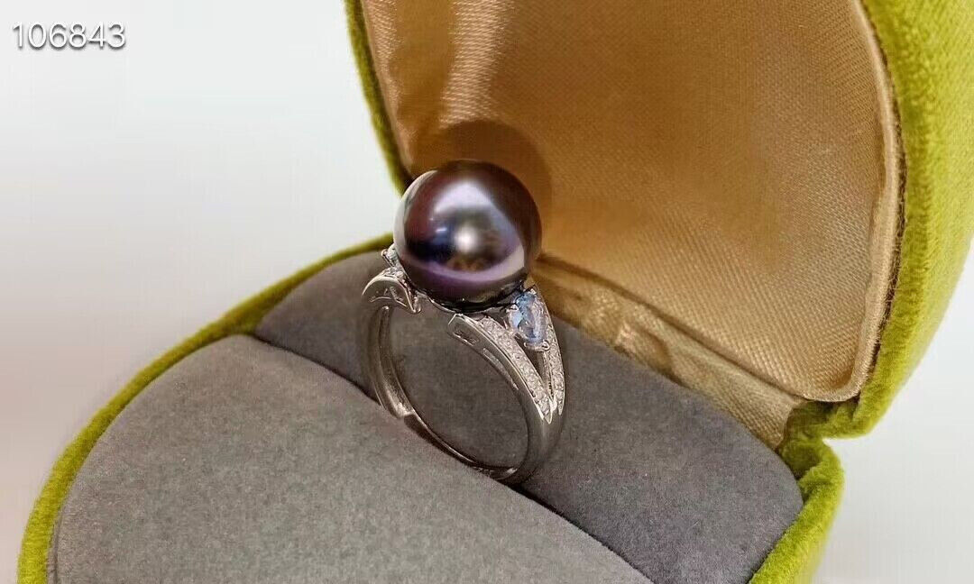 gorgeous  10-11mm tahitian round black green pearl ring 925s(mtrh)