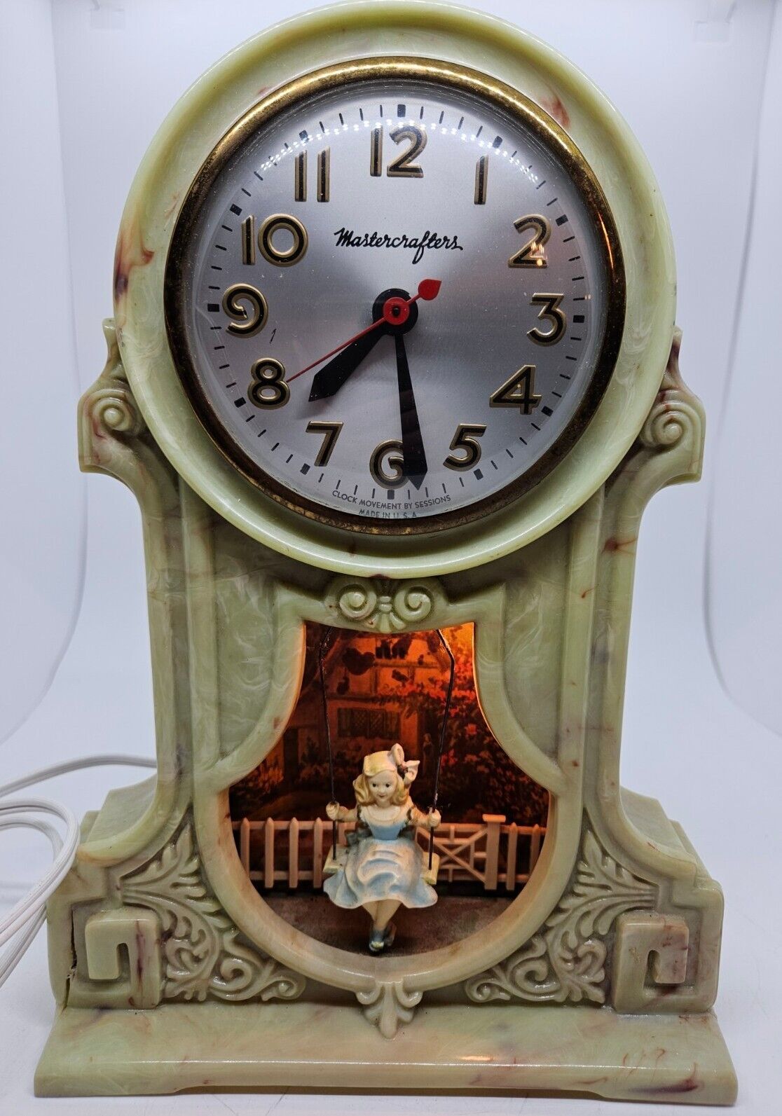 1950's MASTERCRAFTERS Swinging Girl #119 Animated Lighted Bakelite Mantel Clock