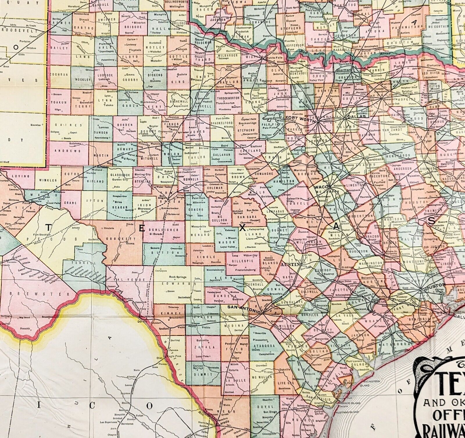 RARE 1909 Texas Map ORIGINAL Oklahoma San Antonio Houston Austin Galveston