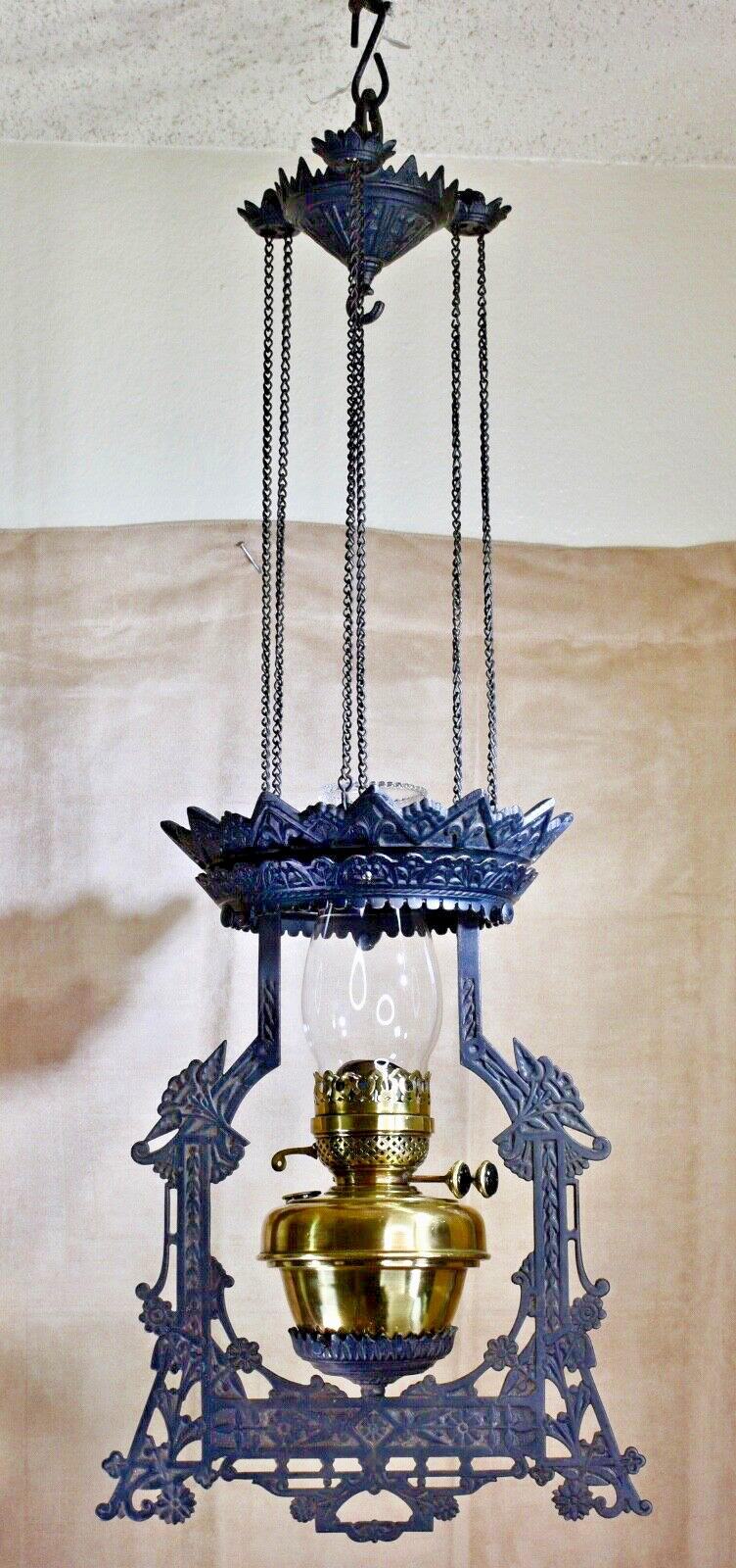 ANTIQUE Victorian Bradley & Hubbard Cast Iron Pull Down Hanging Oil Lamp 1877