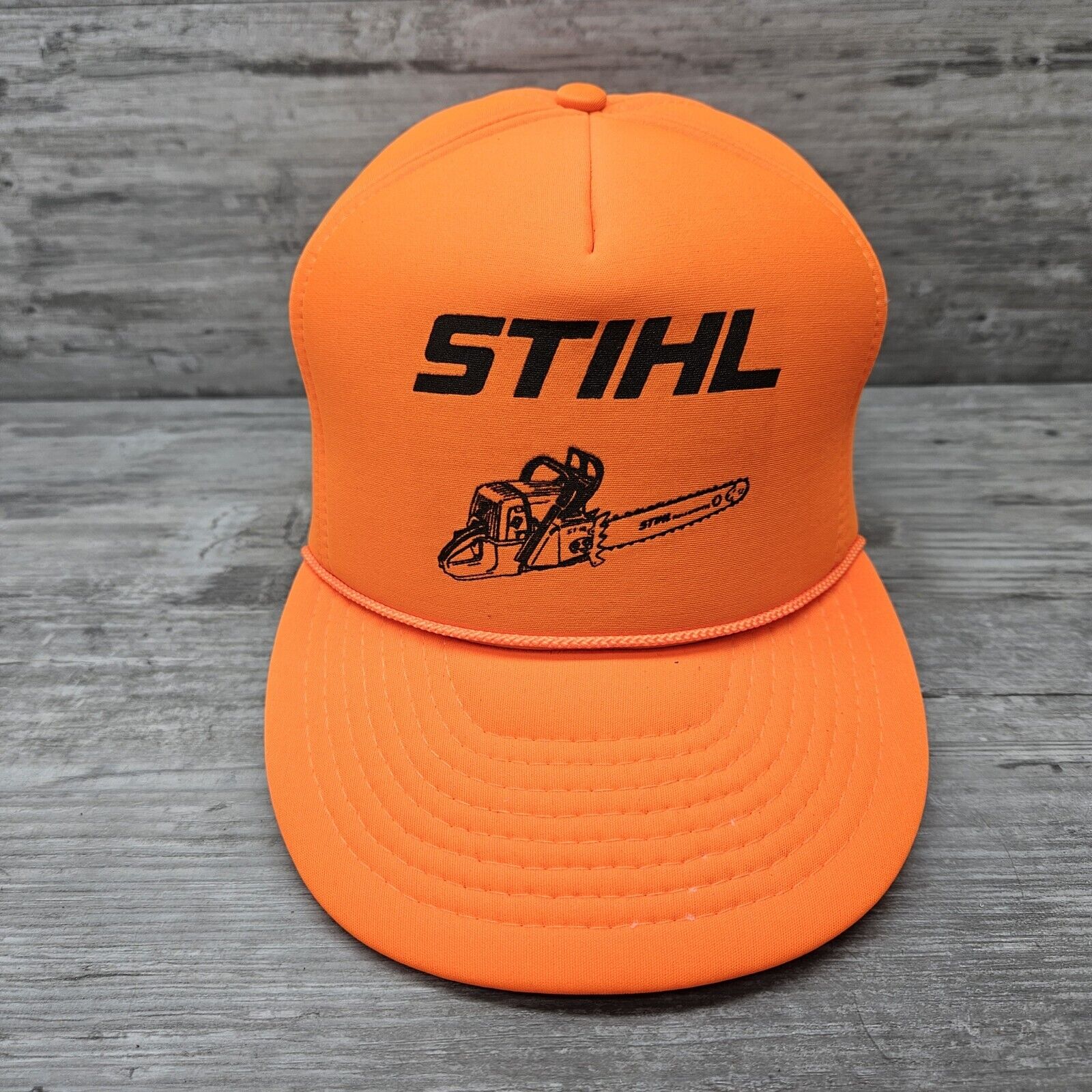 Vintage STIHL Chainsaw Foam Snapback Trucker Hat Orange Capital Cap Nissin