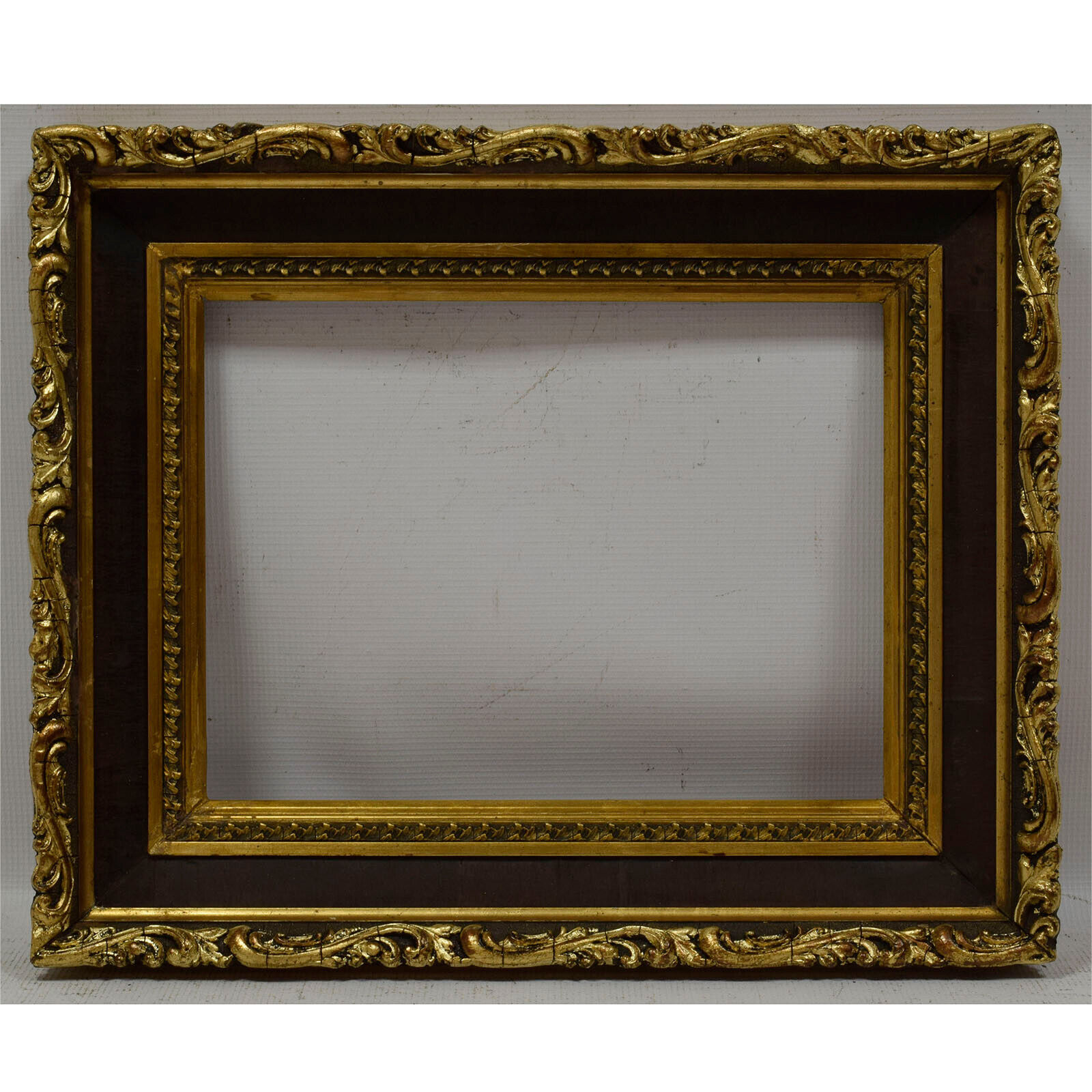 1898 Old wooden frame decorative with metal leaf Internal: 13.5x10.4 in