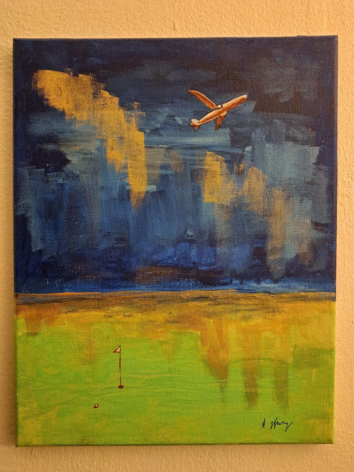 HOKi-Painting of Golf Course & Airplane, Blue & Green Wall deco 14x11,SIGNED&#