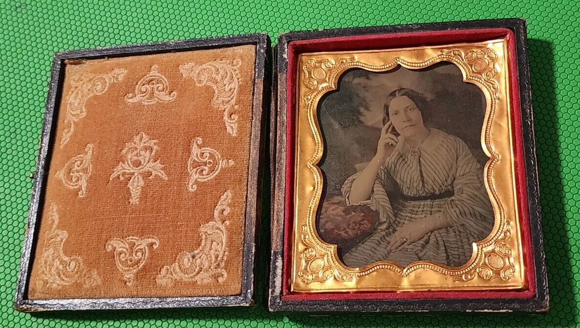 1/6 Plate Ambrotype Photograph of a Woman Colorized Tint & Background Scene