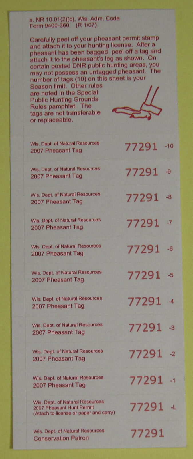 2007 Wisconsin DNR Pheasant Hunting License Stamp Tag Sheet...Free Shipping