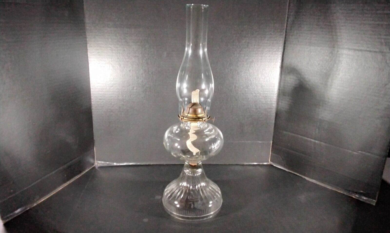 Antique . Vintage CLEAR Pattern Glass Oil Lamp c. late 1800s TALL CLEAR Globe
