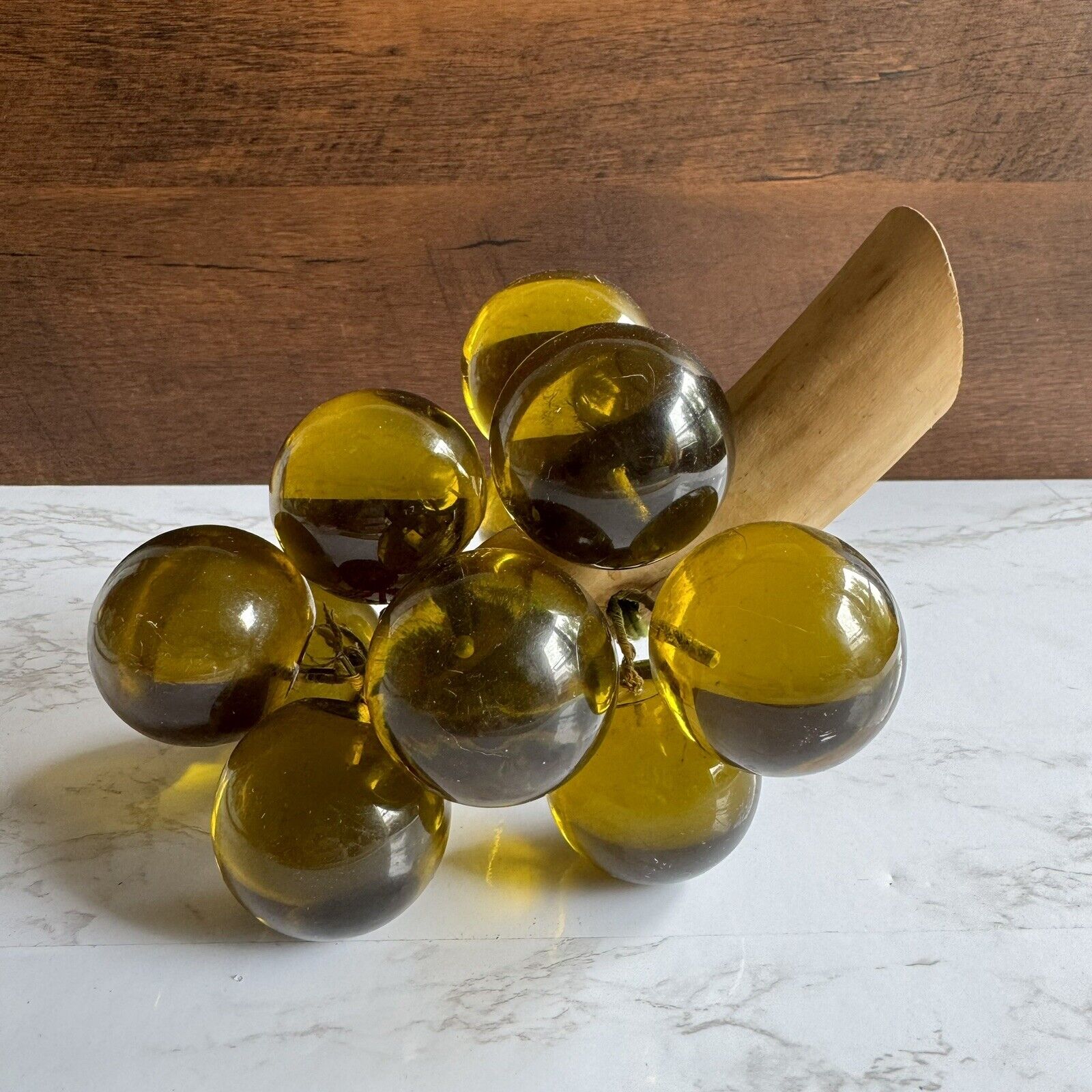 VTG Lucite Grape Cluster Olive Green Drift Wood Stem Table Top Art Acrylic MCM