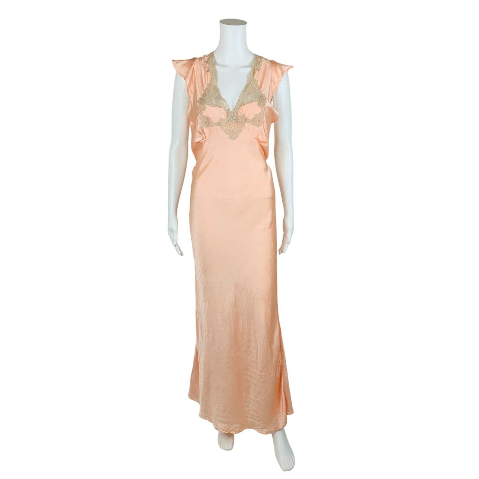Vintage 30s 40s Nightgown Peach Lace Deep V Dress Lingerie