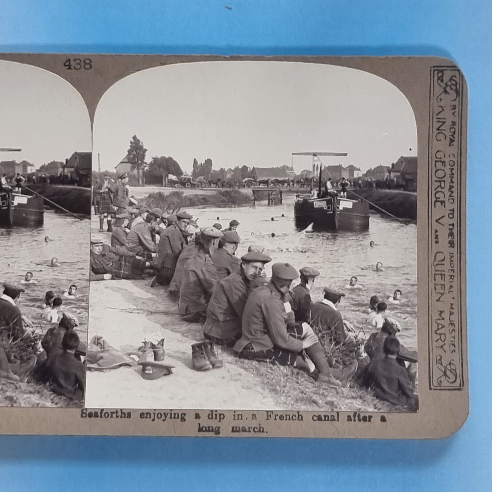 WW1  Seaforth Troops Enjoy Swim French CanalStereoview 3D RP Card C1916